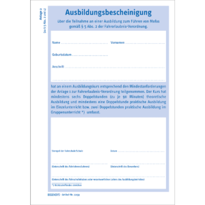 Bescheinigung für Ausbildung gem. § 5 Abs. 2 FeV-0