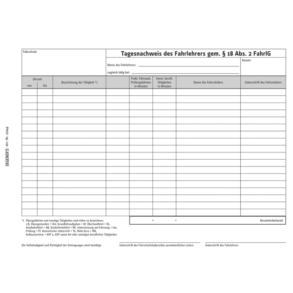 Arbeitszeitnachweis für Fahrlehrer (DIN-A5, Block mit 50 Blatt)